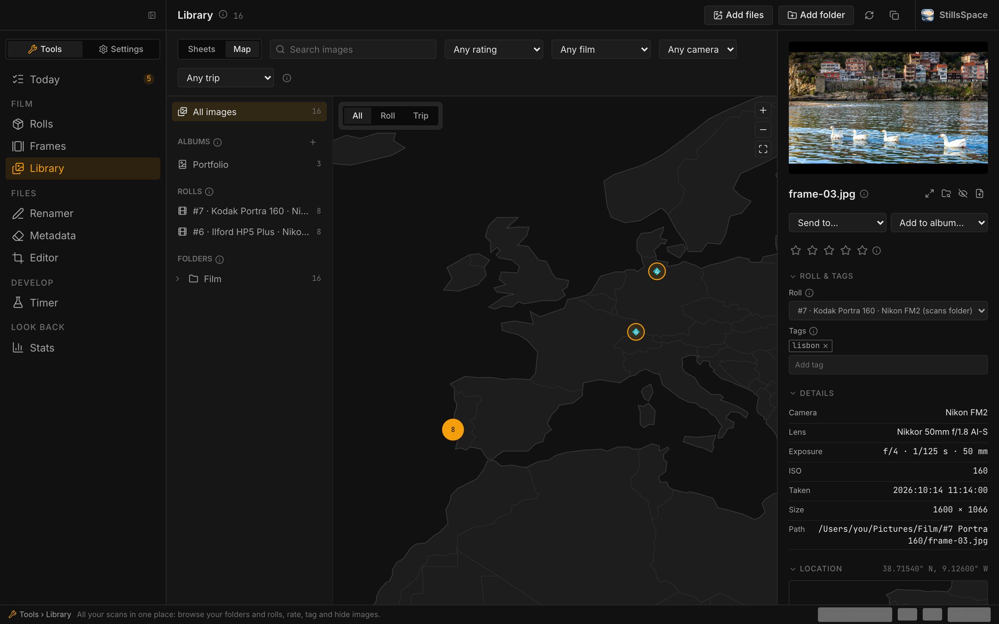 Library map: photos placed on an offline map of Europe