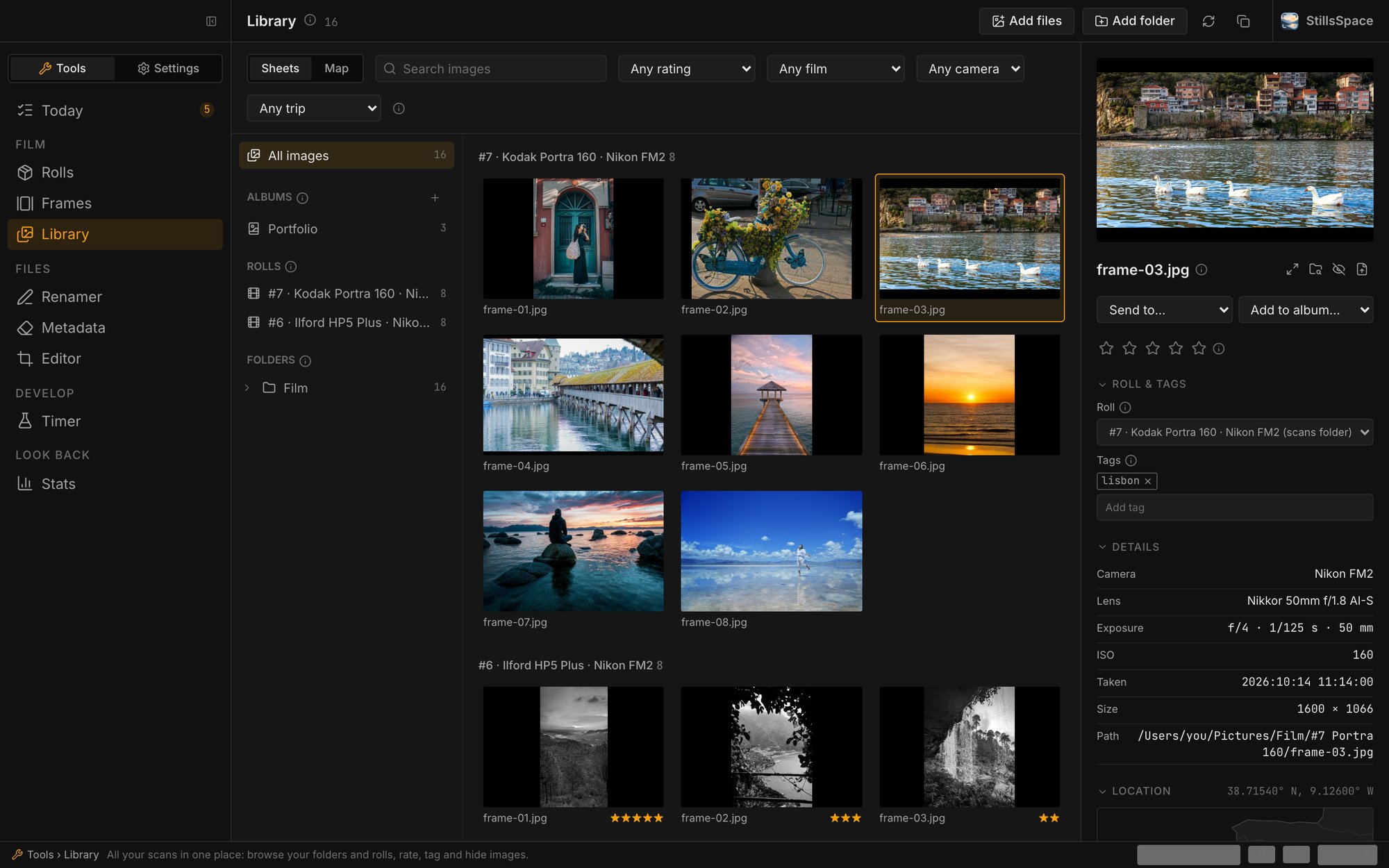 Library: contact sheets grouped by roll, with the selected frame's details