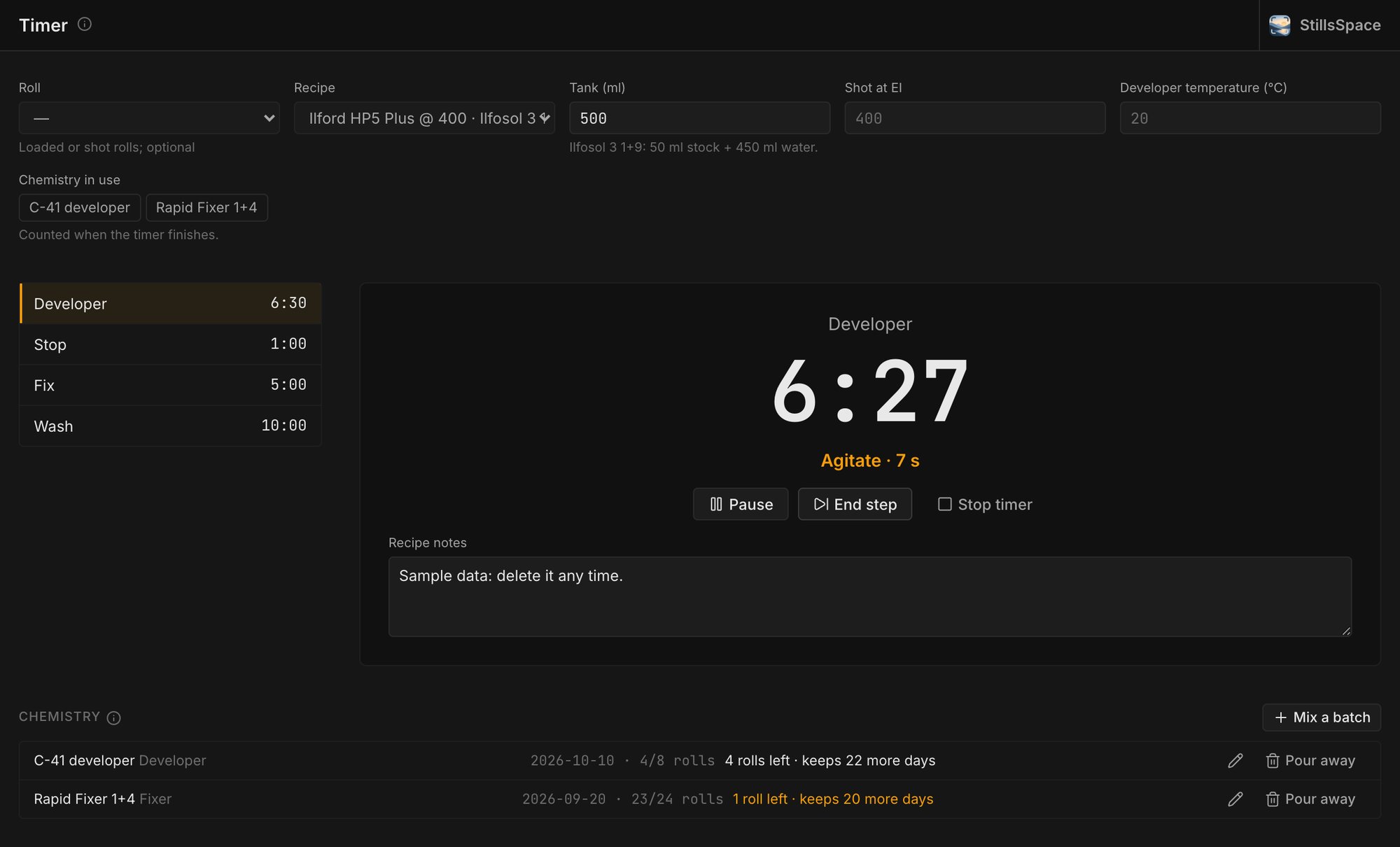 Timer: developer step running at 6:27 with an agitate cue